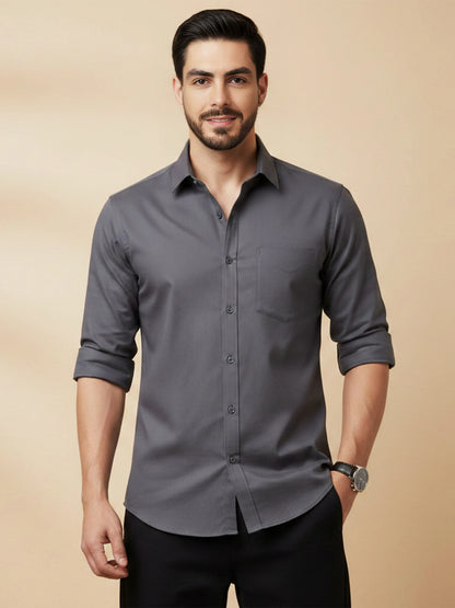 Gray Cotton Blend Solid Casual Shirt