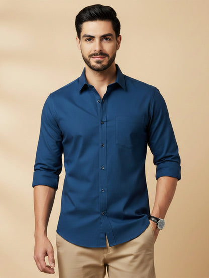 Teal Blue Cotton Blend Solid Casual Shirt