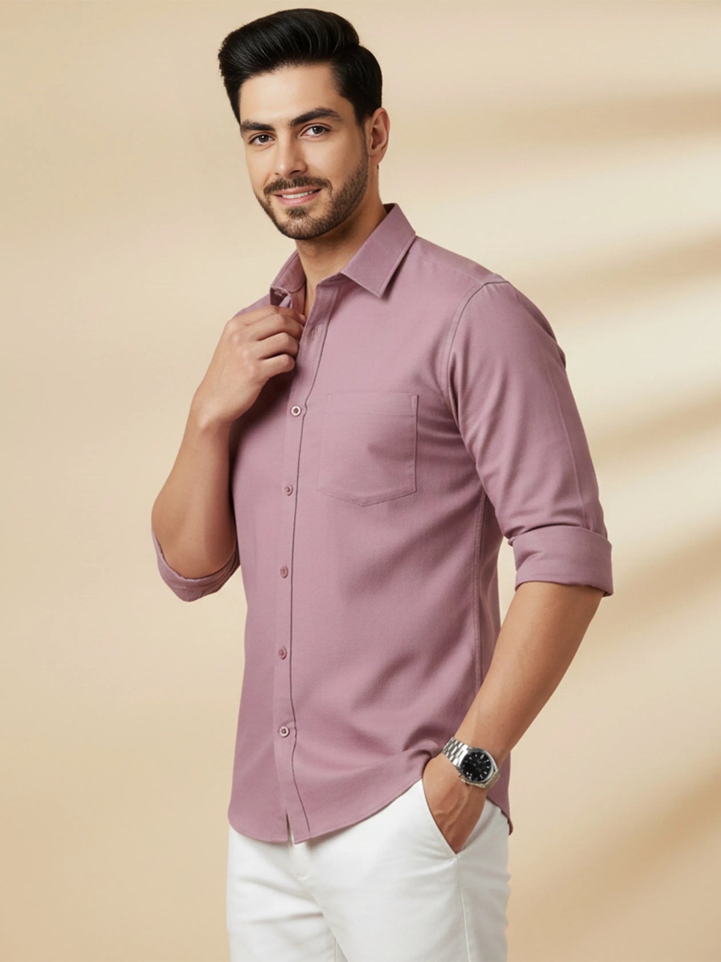 Dusty Pink Cotton Blend Solid Casual Shirt