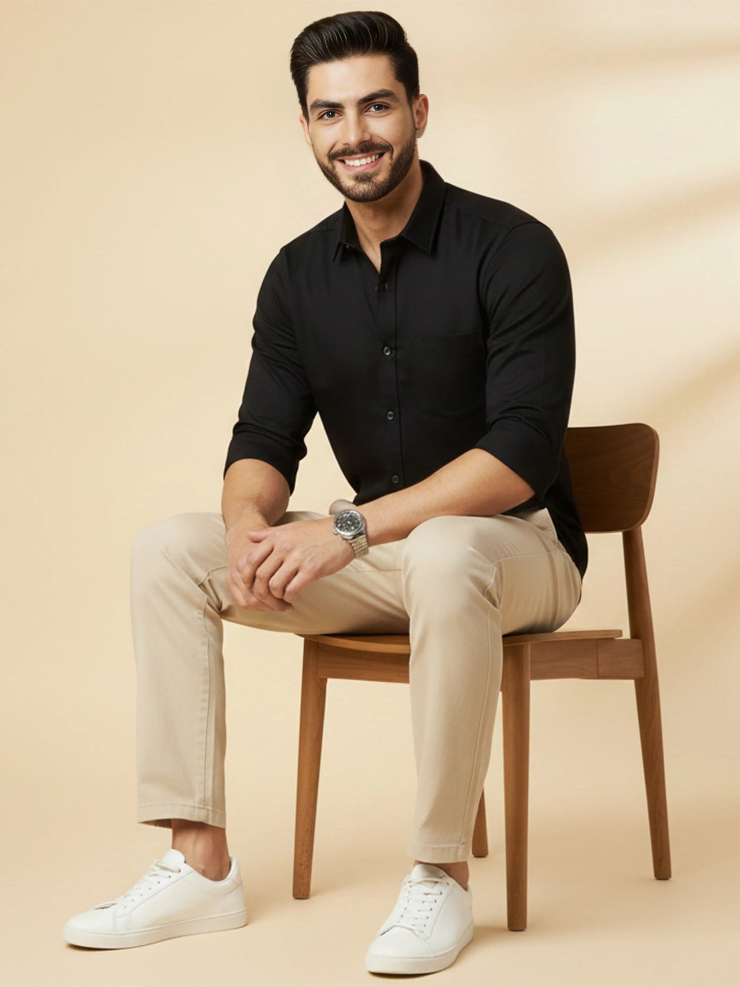 Black Cotton Blend Solid Casual Shirt