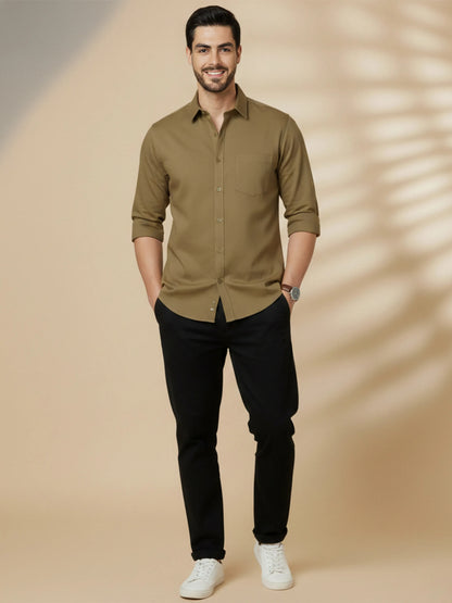 Khaki Cotton Blend Solid Casual Shirt