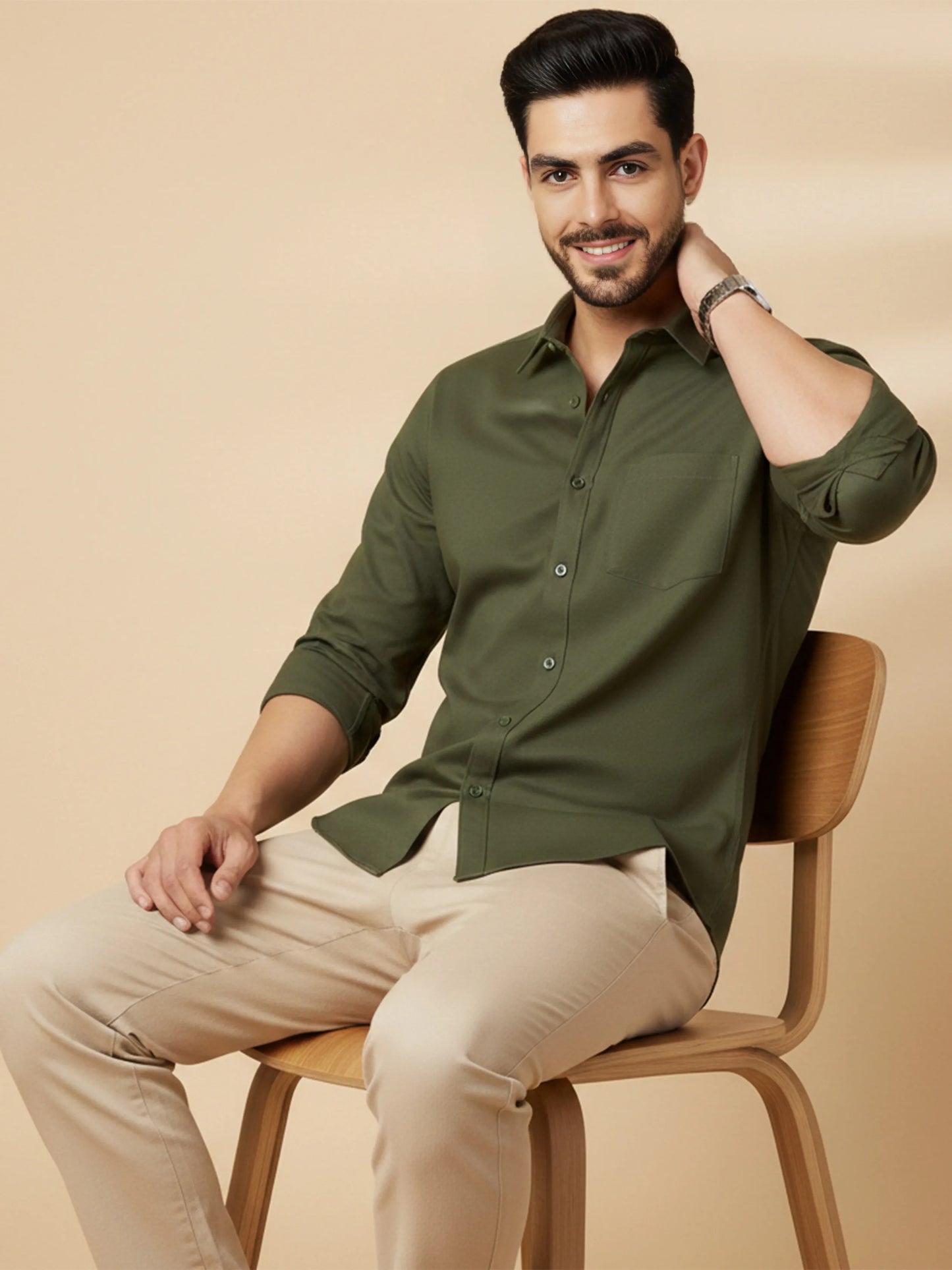 Olive Cotton Blend Solid Casual Shirt
