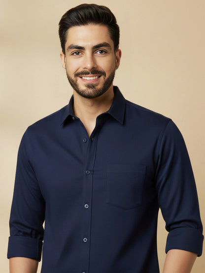 Navy Blue Cotton Blend Solid Casual Shirt