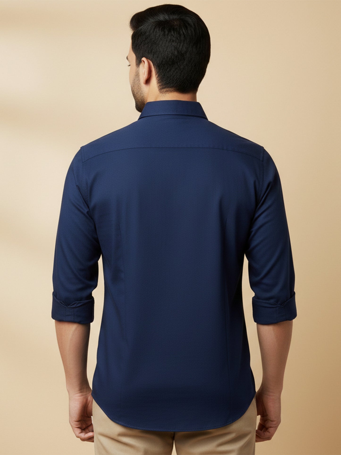 Navy Blue Cotton Blend Solid Casual Shirt