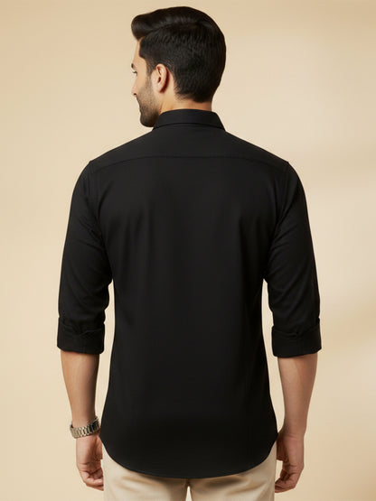 Black Cotton Blend Solid Casual Shirt