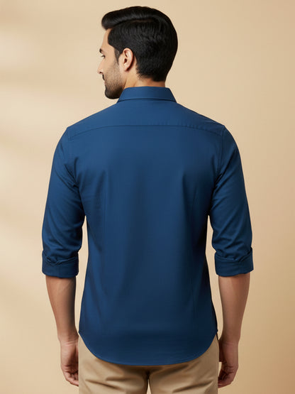 Teal Blue Cotton Blend Solid Casual Shirt