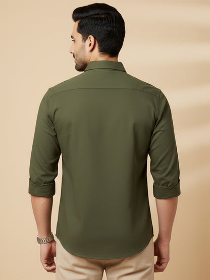 Olive Cotton Blend Solid Casual Shirt